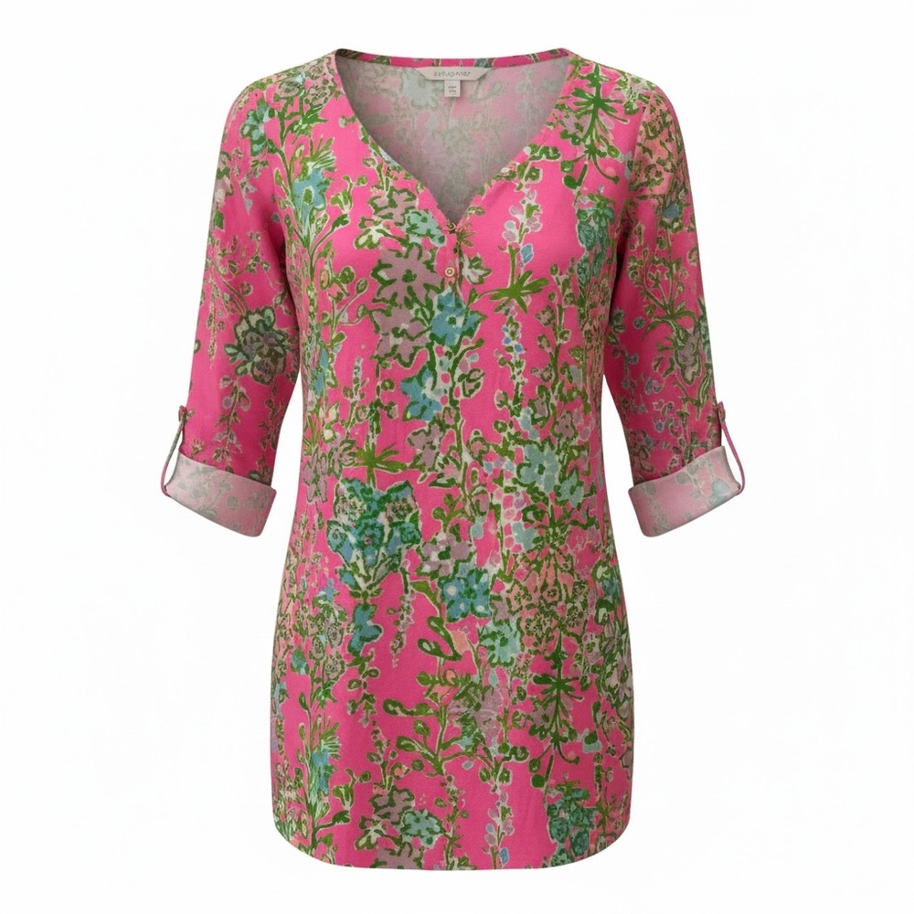 Lilly Pulitzer Pink Floral V-Neck Roll-Sleeve Tunic Dress